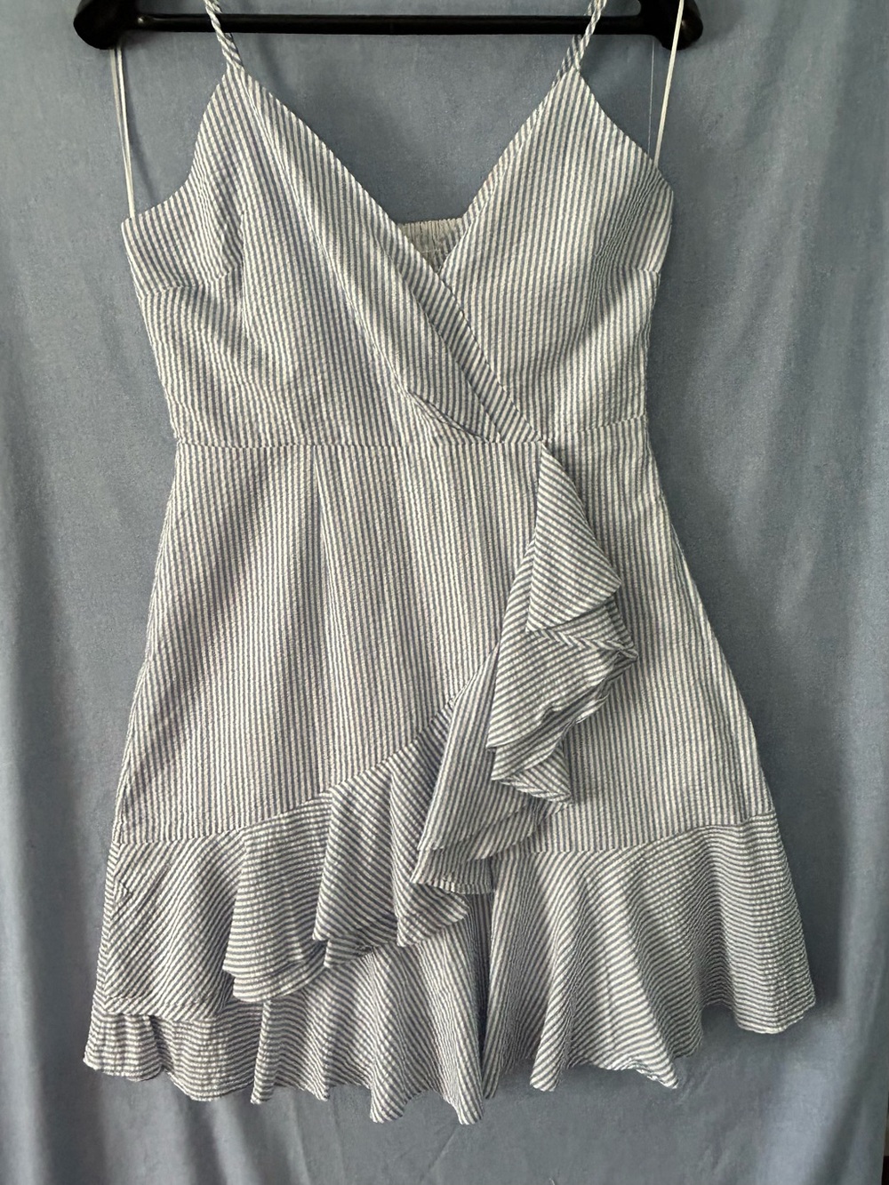 Striped Ruffle mock Wrap Seersucker Sundress - Blue and White SZ 12